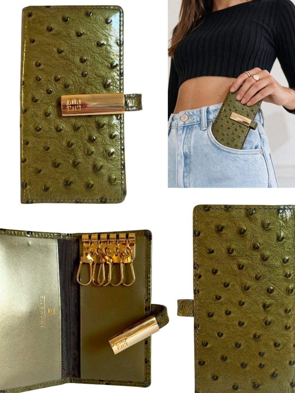 RARE vintage Givenchy Olive Green Ostrich Embossed 5 Key Holder Wallet
